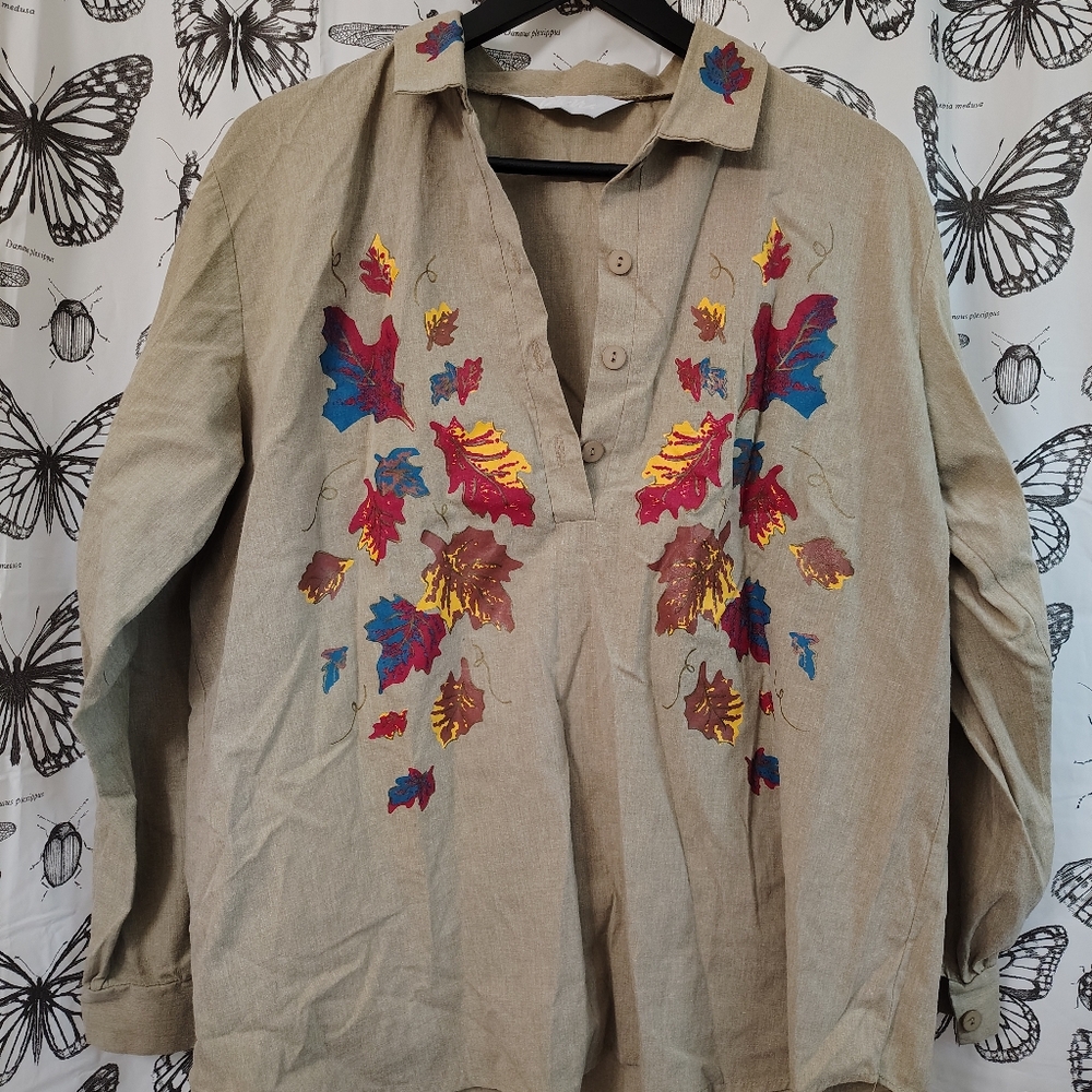 90s Blair Fall Leaves Blouse- Khaki